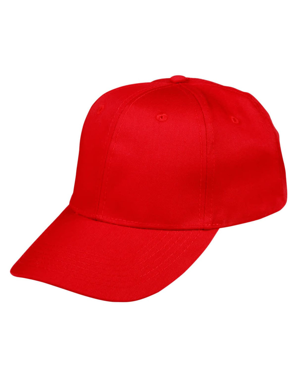 A red polycotton twill cap featuring a smooth fabric finish and a curved peak, with a logo on the front.