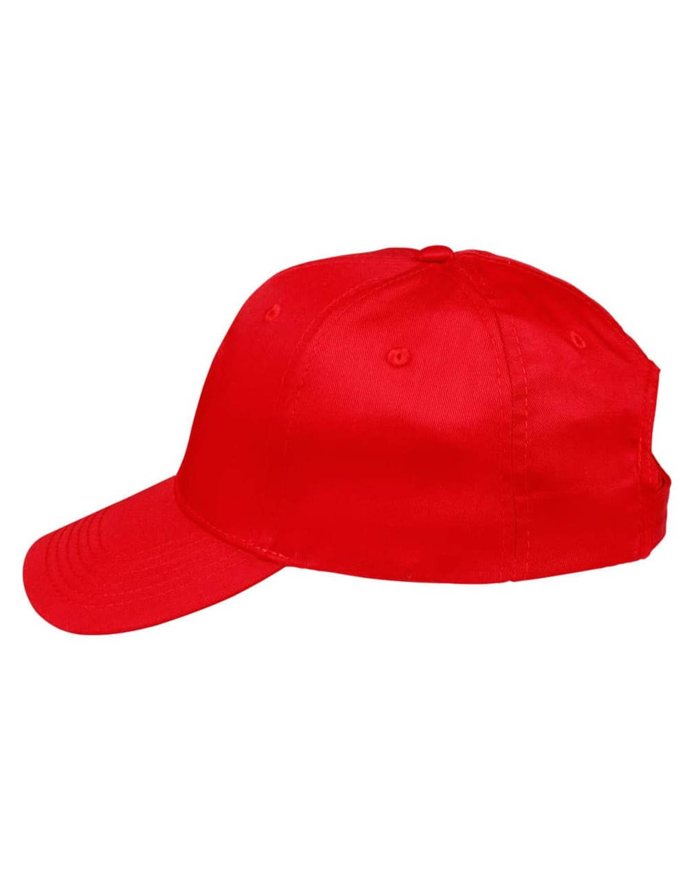 A red polycotton twill cap with a curved brim and adjustable back. It features a logo on the front.