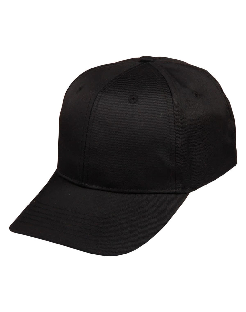 A black polycotton twill cap featuring a curved brim and an adjustable strap at the back.