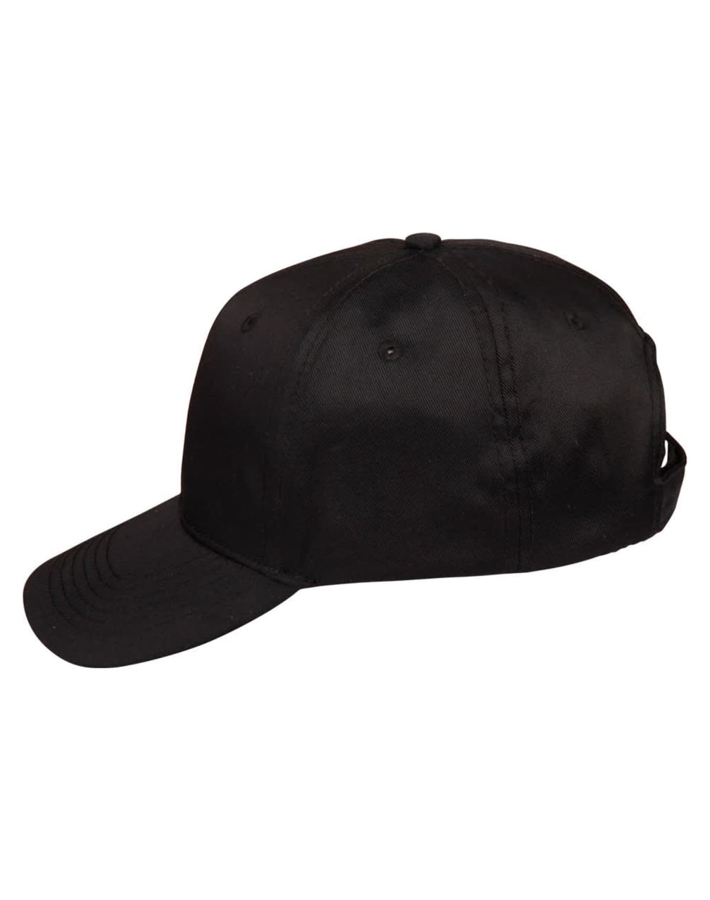A black polycotton twill cap featuring a curved brim and a logo on the side.