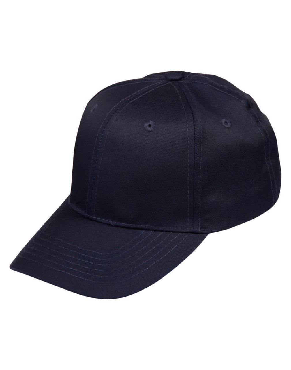 A navy polycotton twill cap featuring a curved brim and a sewing design, with a logo on the front.