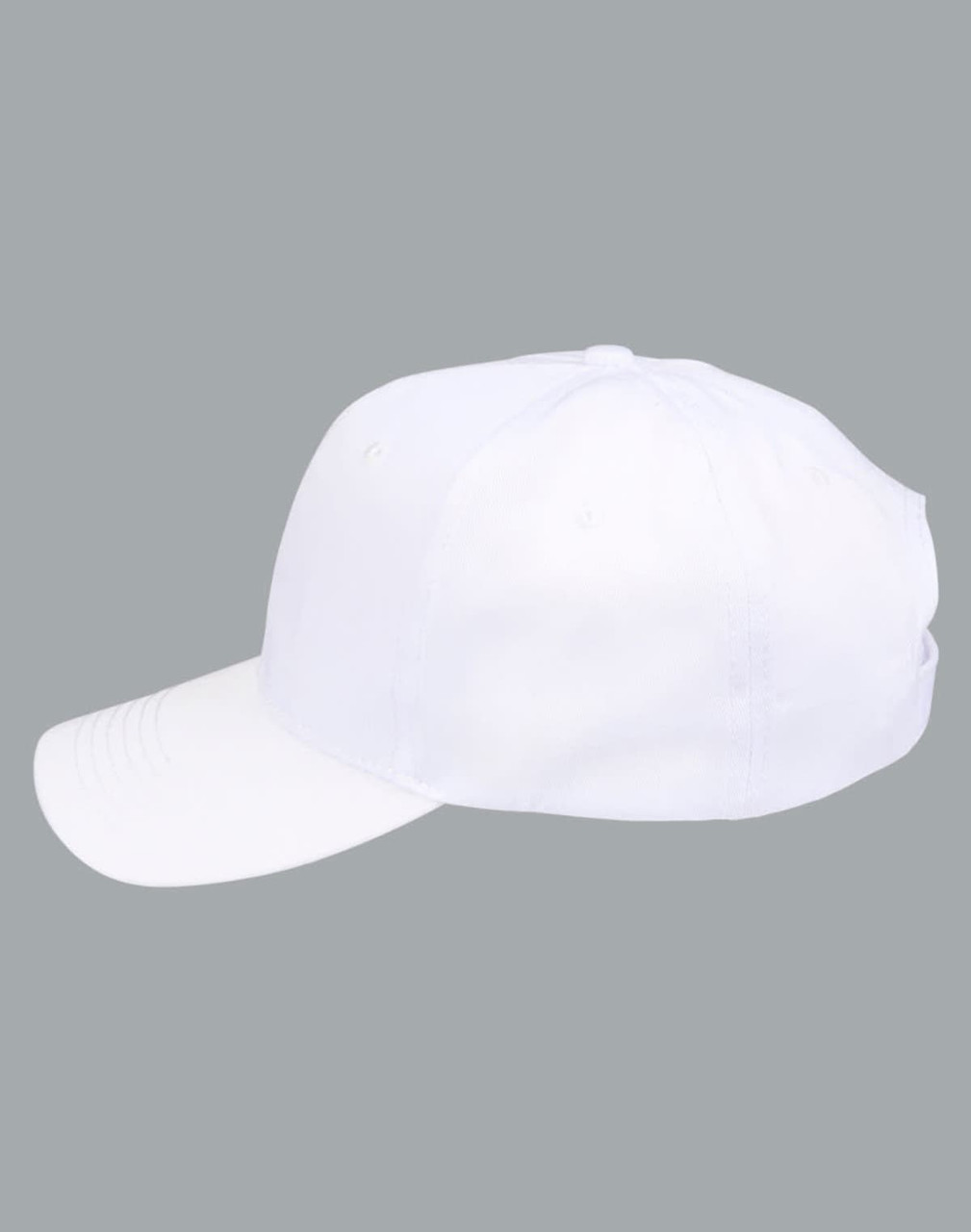 A white polycotton twill cap with a curved brim and an adjustable strap at the back, featuring a logo.