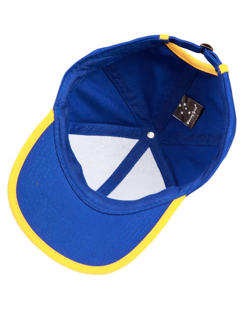 A blue and yellow cap featuring a logo, showcasing the interior lining and structure.