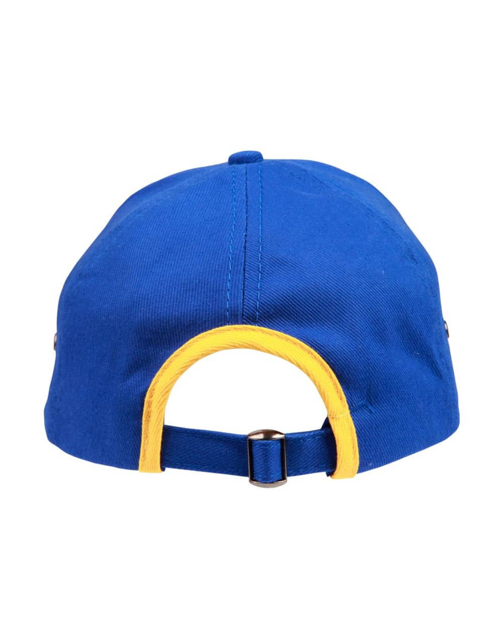 A blue cap with a yellow trim and an adjustable strap at the back, featuring a logo.