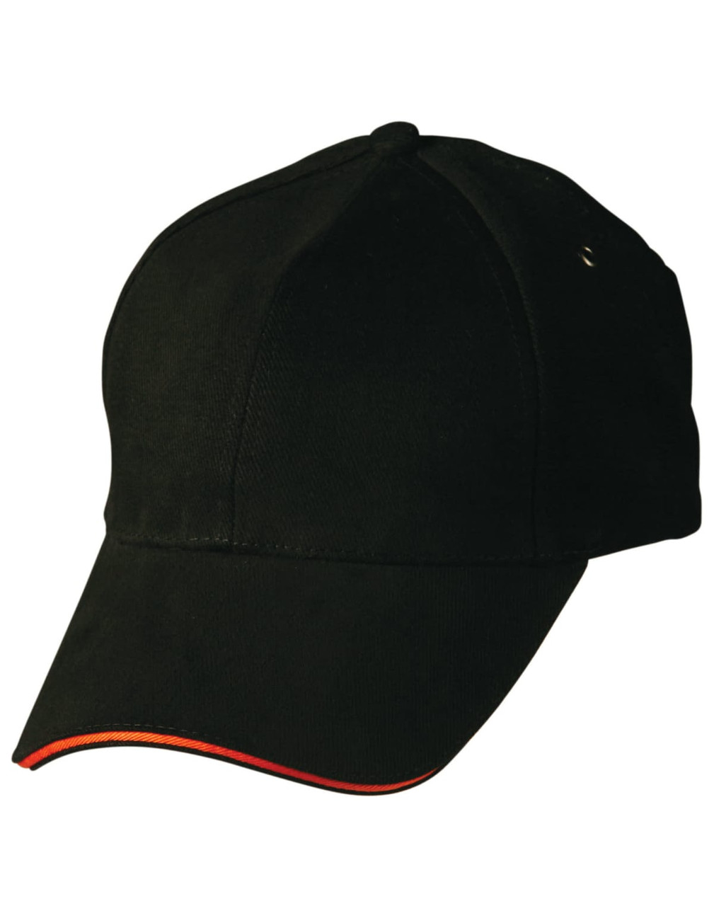 A black cap with a curved peak, featuring a contrasting red accent on the brim and a logo present.