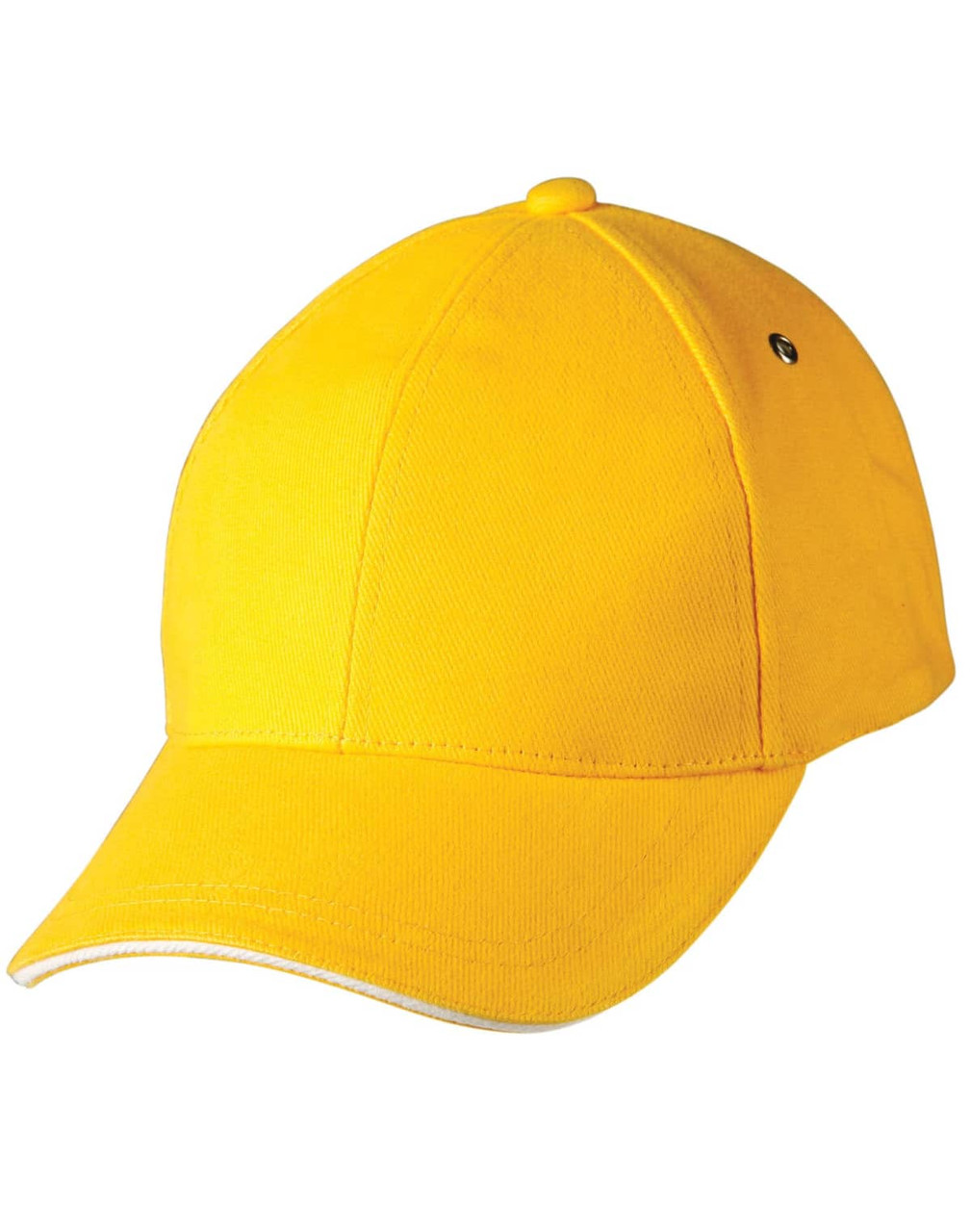 A yellow cap with a rounded crown and a curved peak, featuring a small logo on the side.