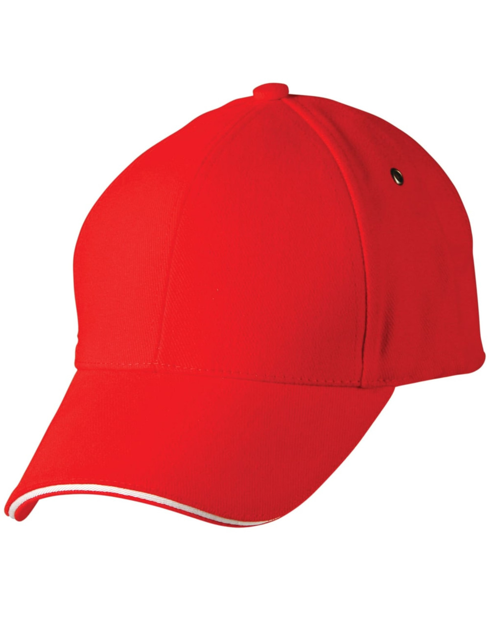 A red cap with a curved brim and a contrasting trim, featuring a logo on the side.