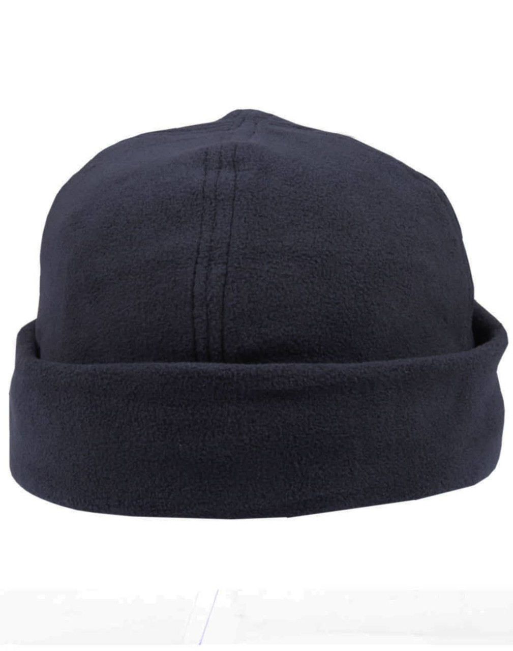 A dark navy polar fleece beanie with a rolled cuff and stitching details, featuring a logo.