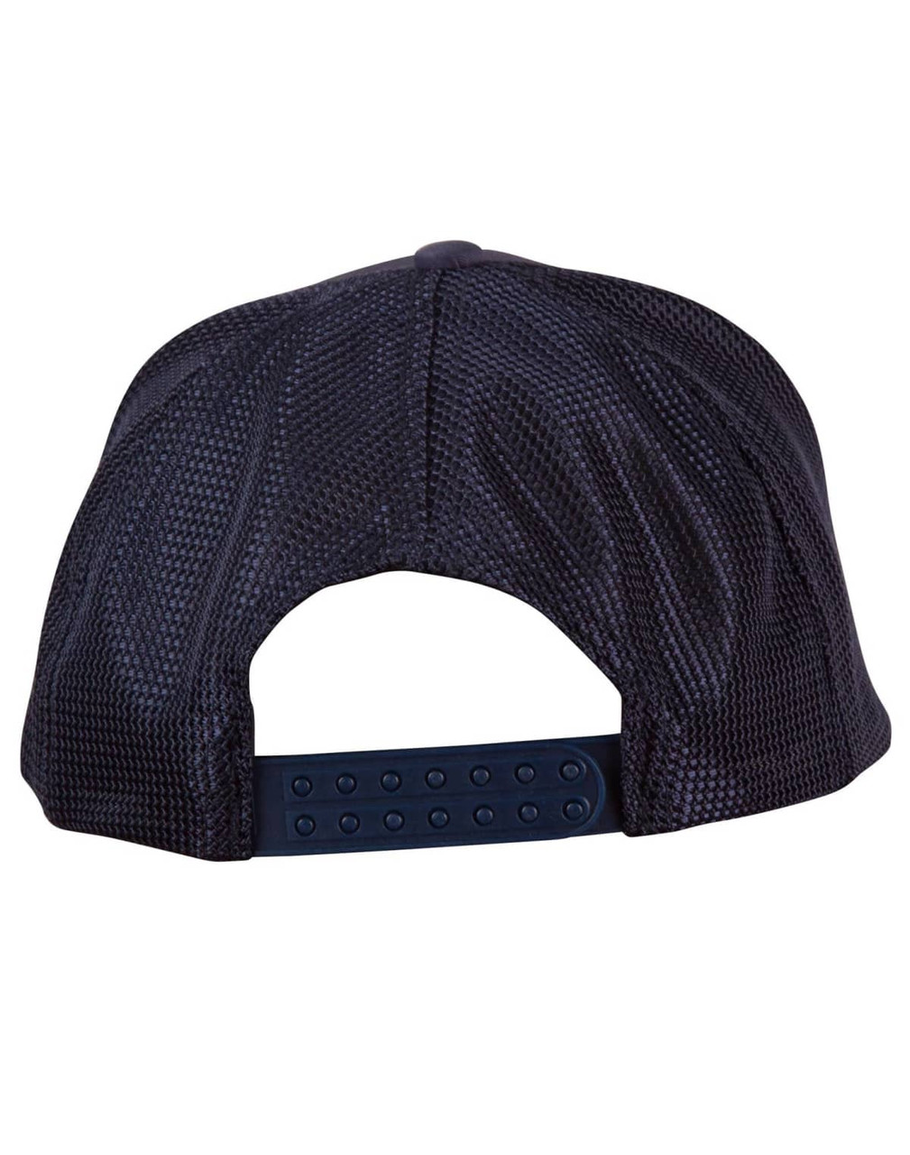 A black mesh cap featuring a structured back and an adjustable strap. It has a logo on the side.