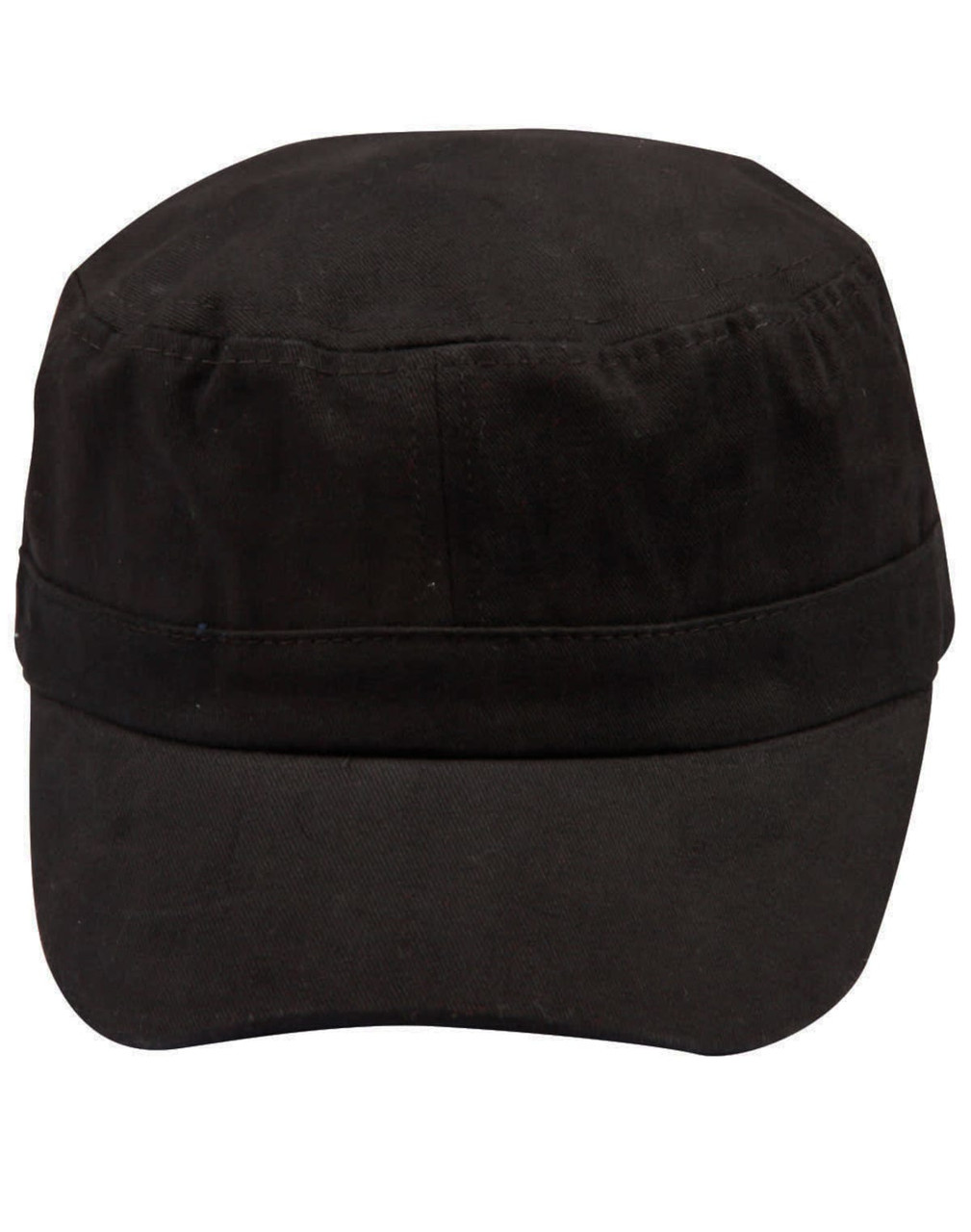 A black military cap featuring a structured design and a front band, with a logo on the side.