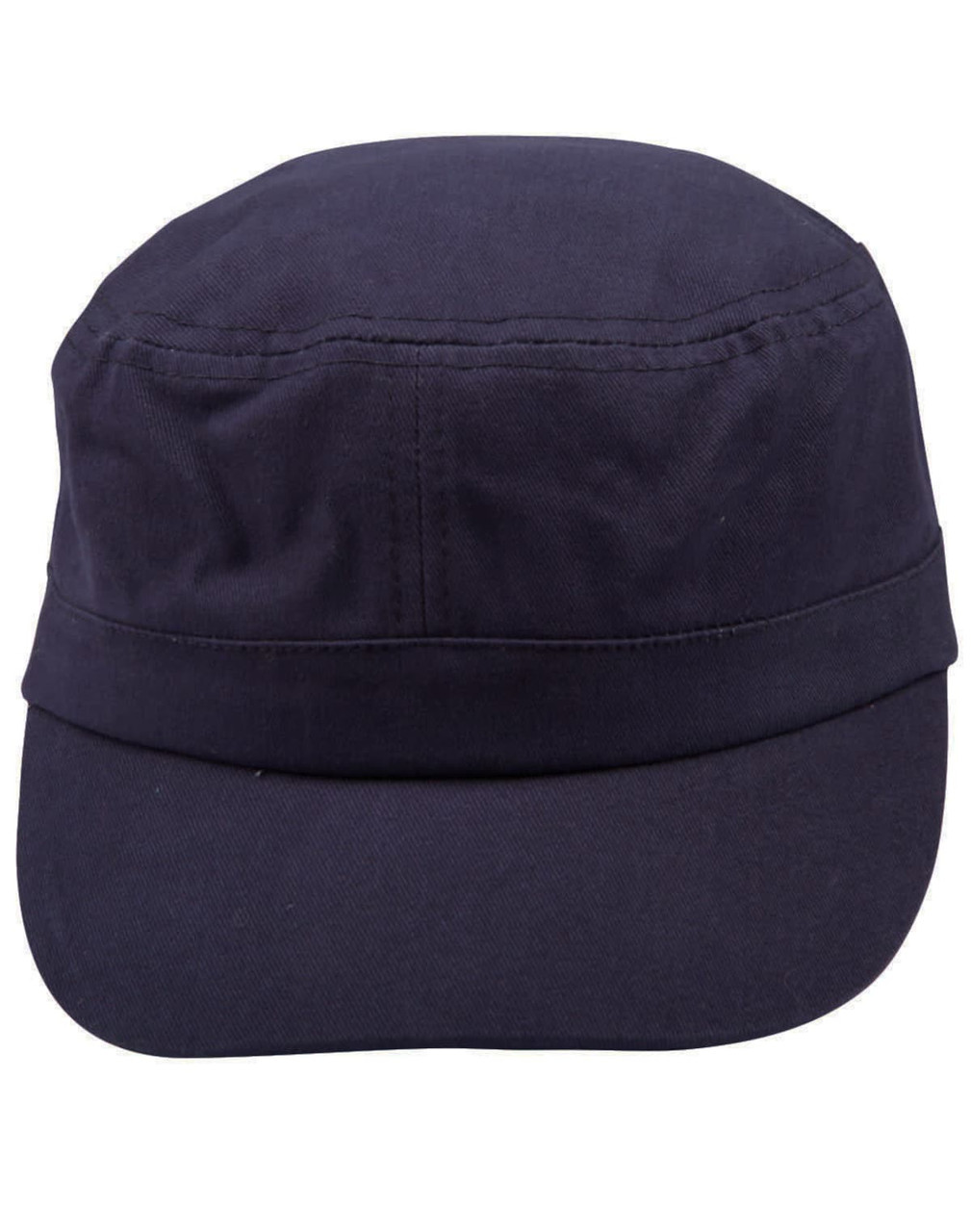 A navy blue military cap featuring a structured design and a front peak, with a branding logo.