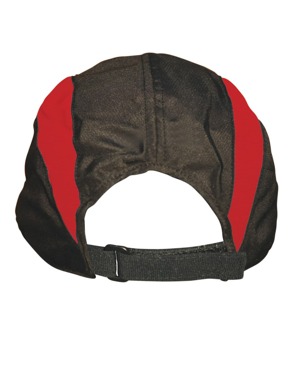 A black and red foldable cap with a flat brim and adjustable strap at the back, featuring a logo.