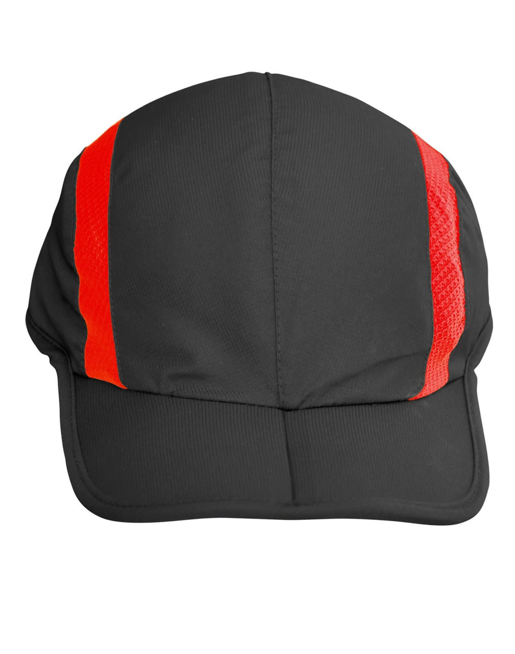 A black cap with red stripes on the sides and a logo on the front.