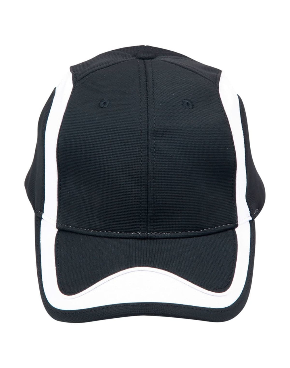 A black cap with white accents and a logo, featuring a structured design and curved brim.