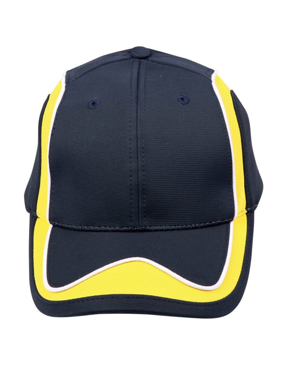 A navy cap with yellow and white accents, featuring a logo on the front.