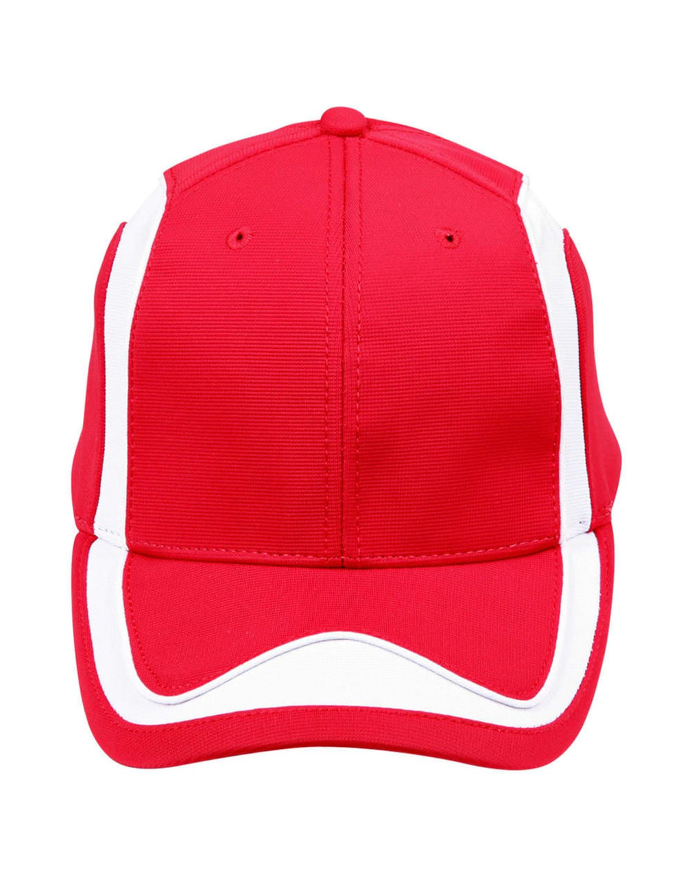 A red cap with white stripes and a logo. It features a curved brim and ventilation holes on top.