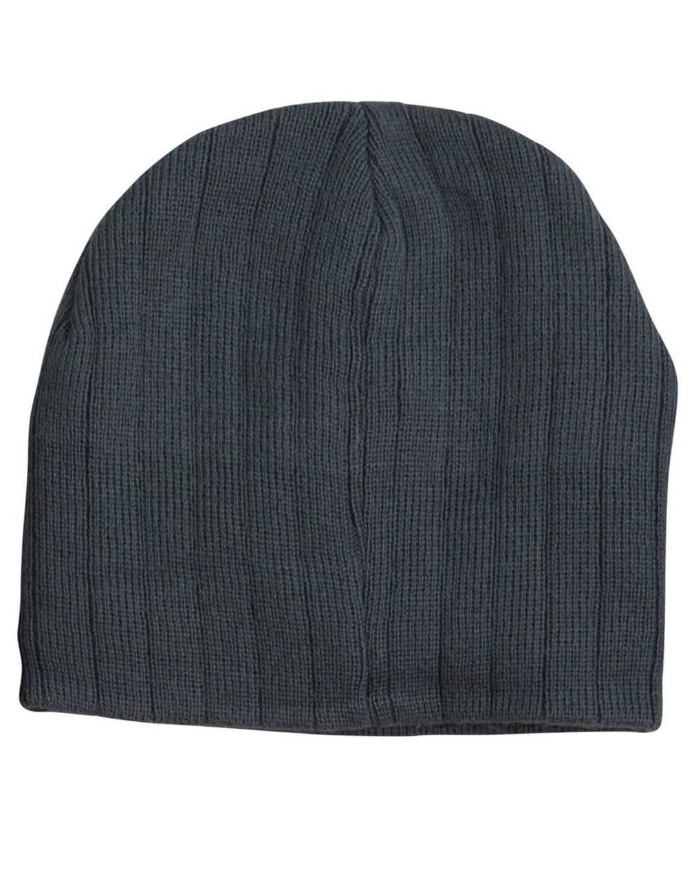 A cable knit beanie in dark green with a fleece headband inside and a logo.