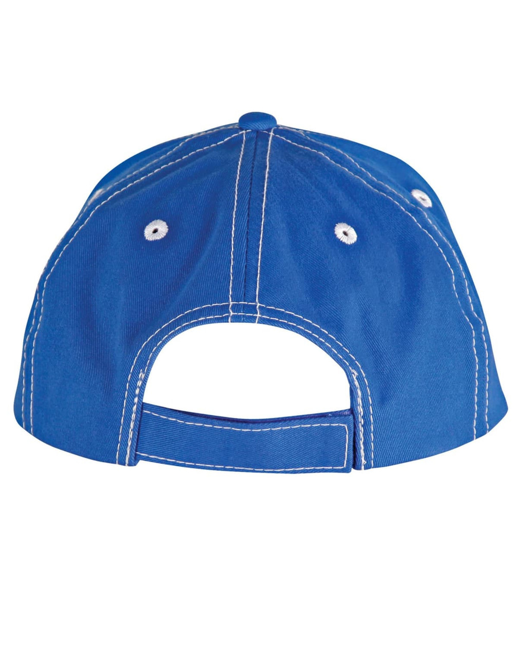 A blue cap with a contrast trim and an adjustable back strap, featuring ventilation eyelets.