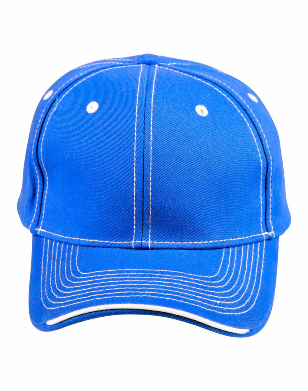 A blue premium cotton twill cap featuring white contrast trim and stitching, with a logo on the front.