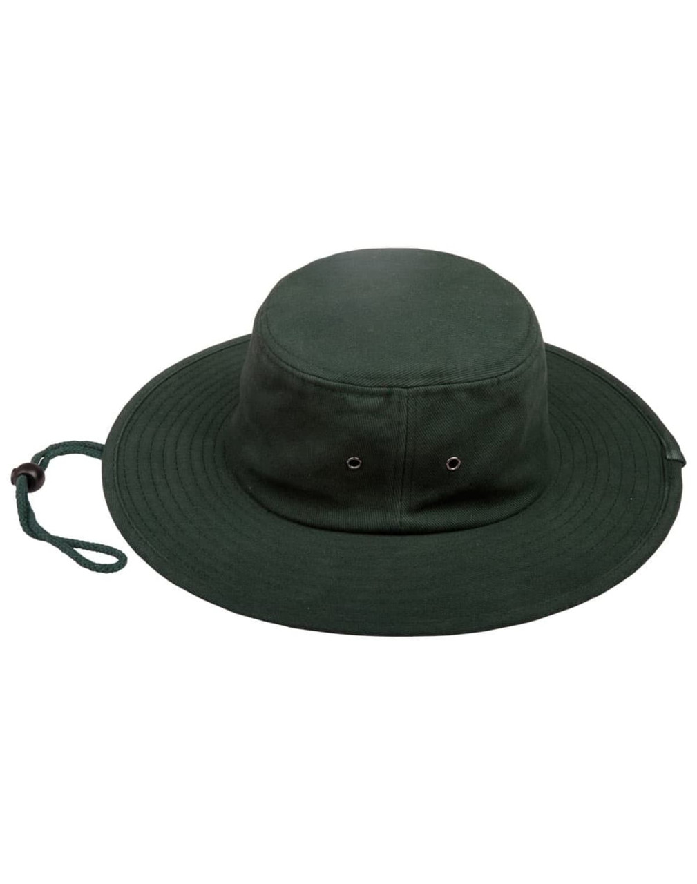 A green surf hat with a wide brim and a drawstring, featuring ventilation holes on the sides.