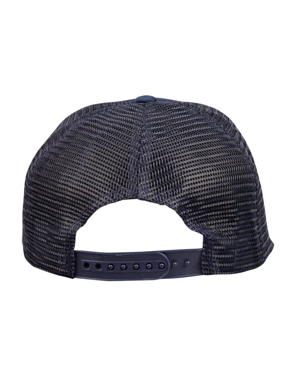 A black trucker cap featuring a mesh back and adjustable snap closure.