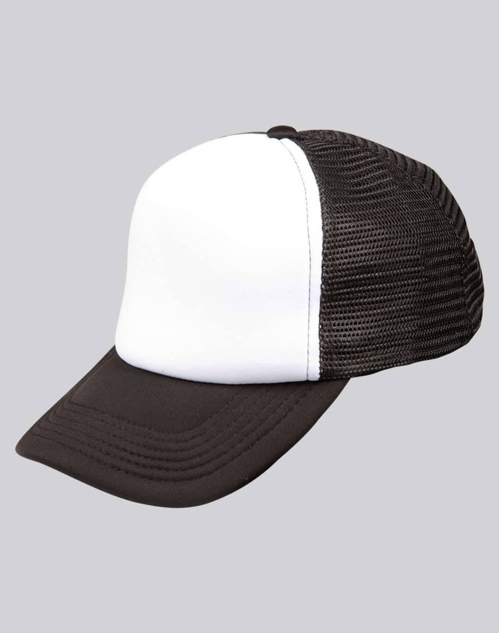 A black and white Contrast Trucker Cap featuring a solid front panel and mesh sides.