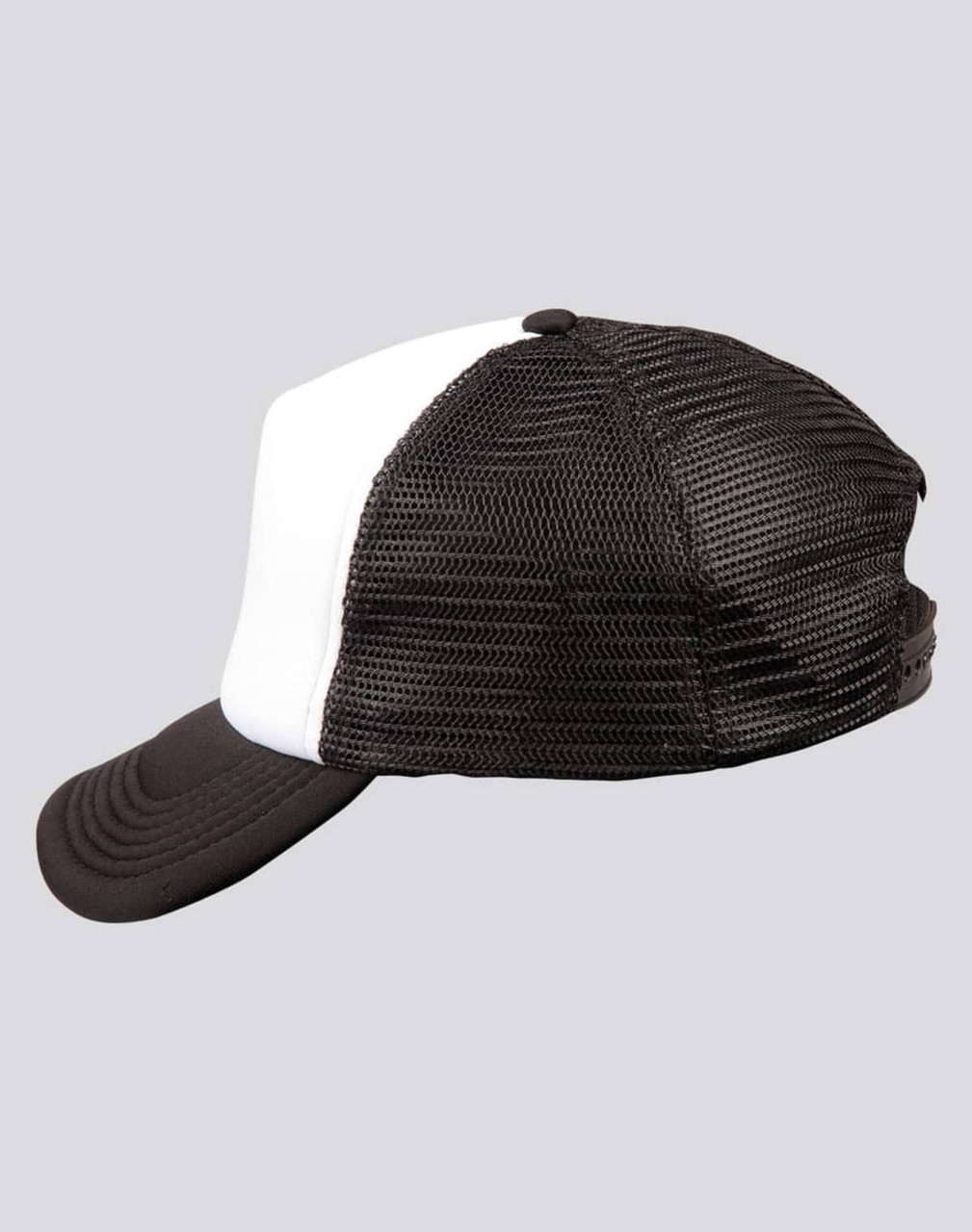 A black and white trucker cap with a mesh back and a curved brim, featuring a logo on the front.
