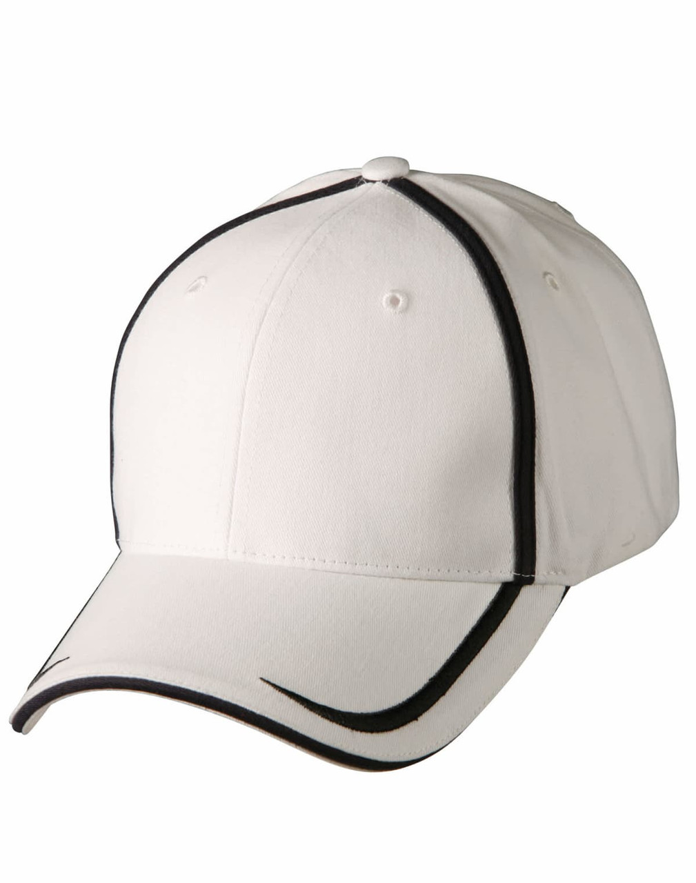 A white cap with black contrast trim and a rounded peak, featuring a logo on the front.