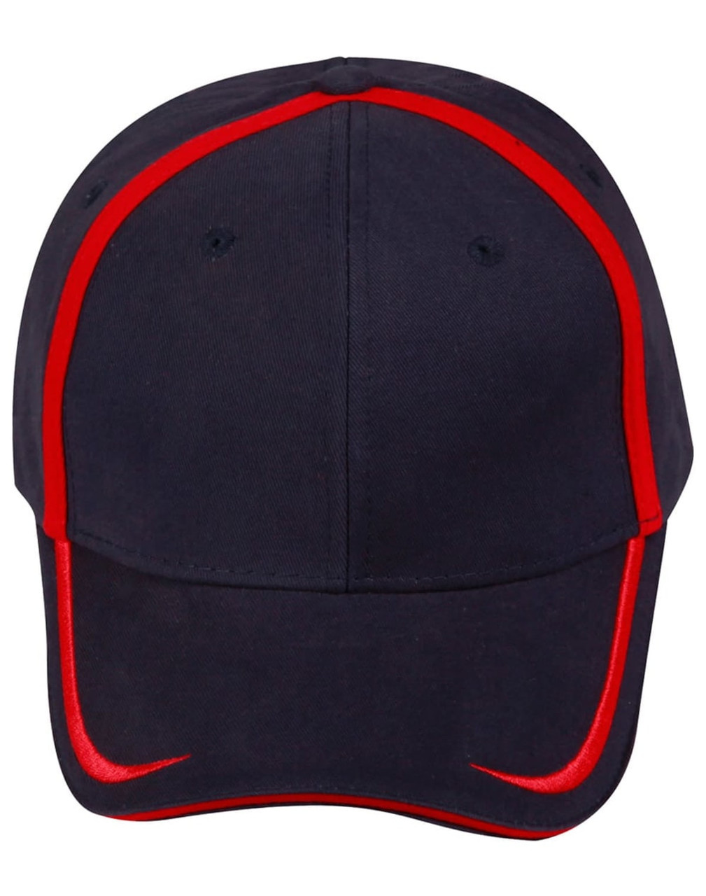 A navy cap featuring red contrast trim. The cap has a logo and is designed for headwear.