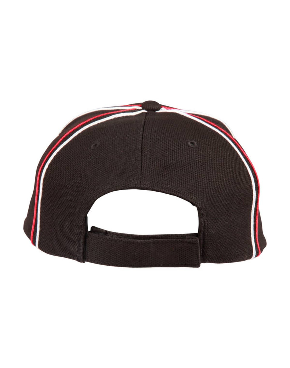 A structured cap in black with red and white accents, featuring an adjustable strap at the back and a logo.