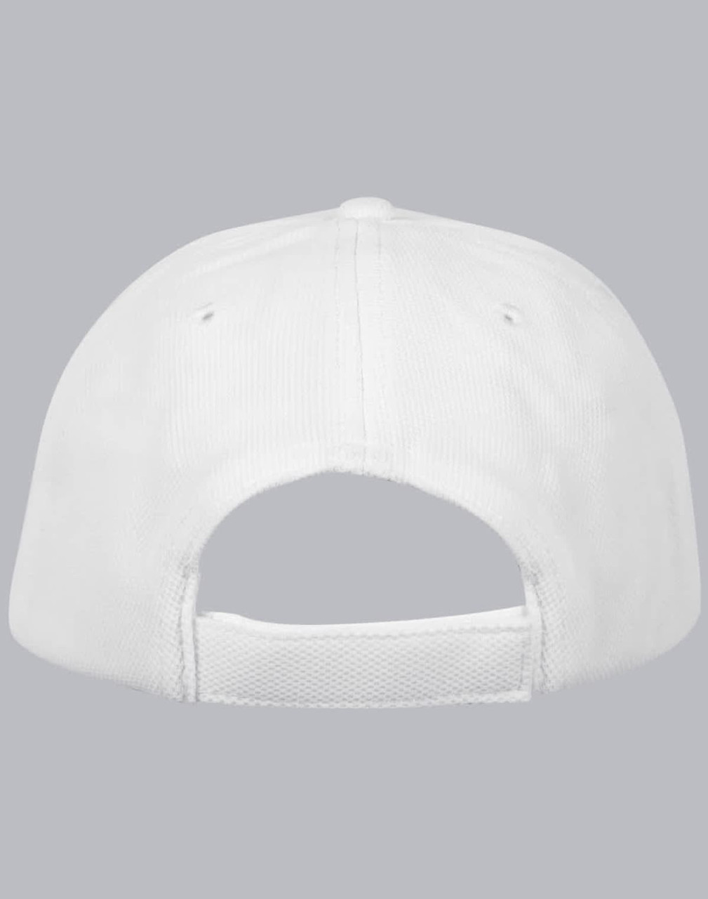 A white Pique mesh structured cap featuring an adjustable strap and a logo on the back.