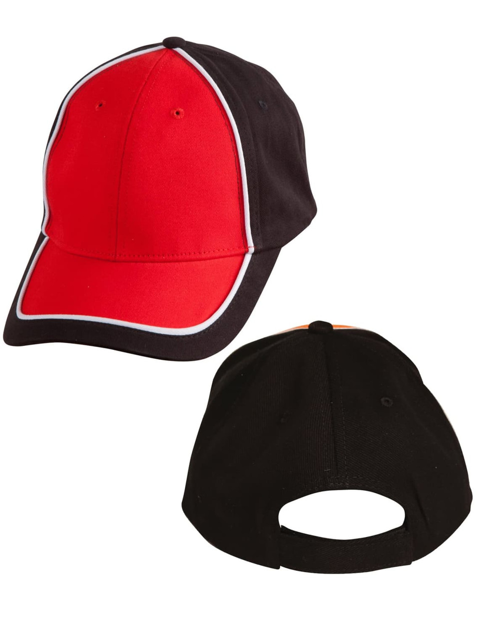 A two-tone cap featuring red and black colours with contrasting trim and a branded logo.