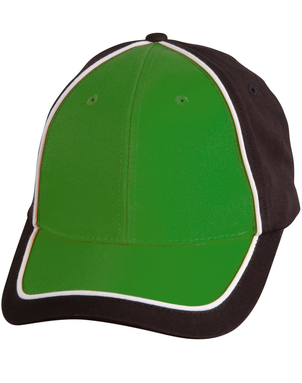 A two-tone cap featuring a bright green front and a black back with contrasting white piping. It has a logo on it.