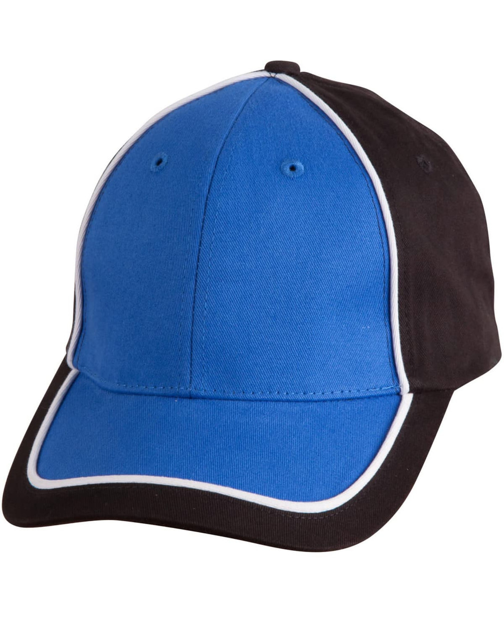 A cap featuring a two-tone design with a blue front and black sides, accented with white piping and a logo.