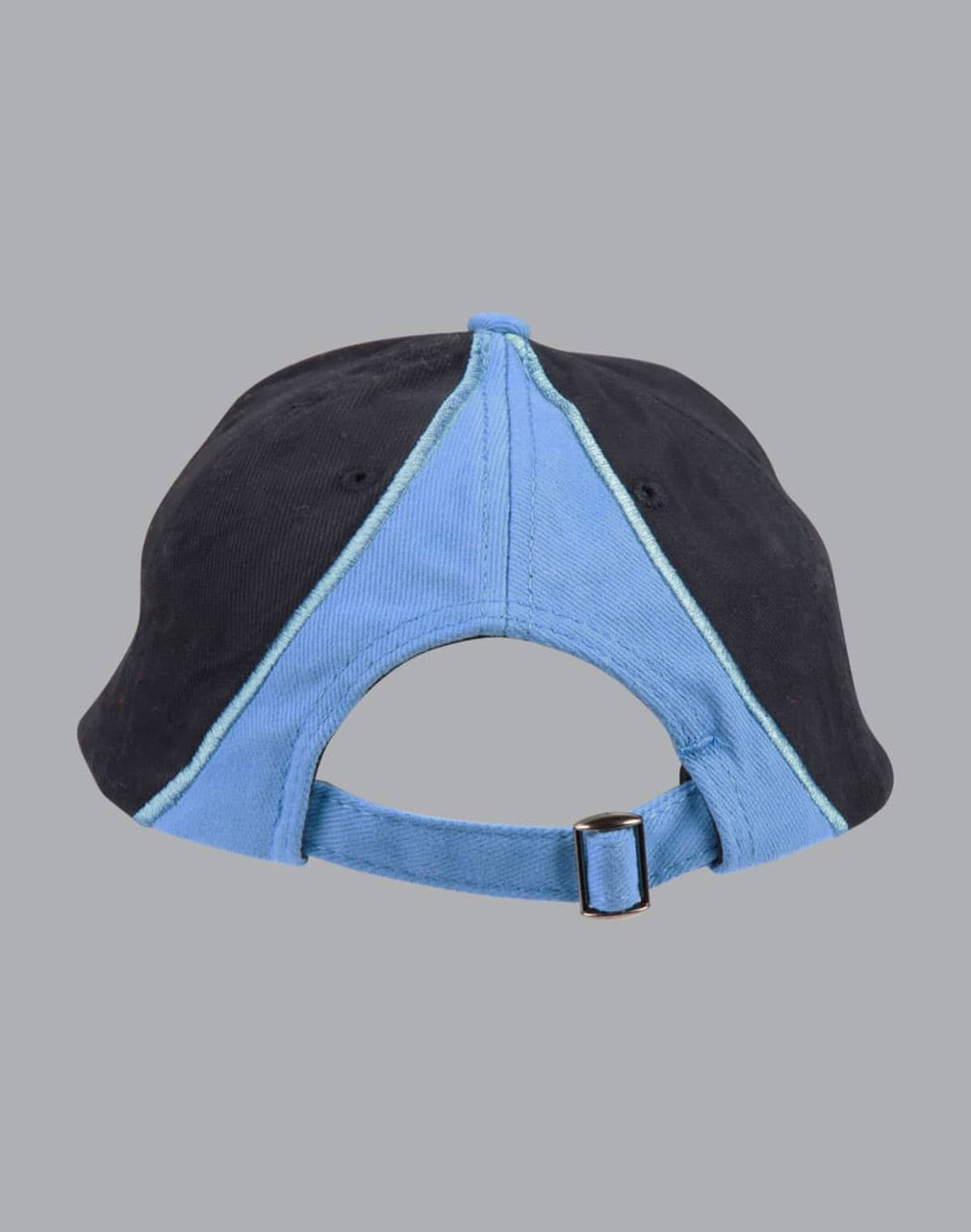 A tri-colour cap featuring black and light blue panels, complete with an adjustable strap and a logo.