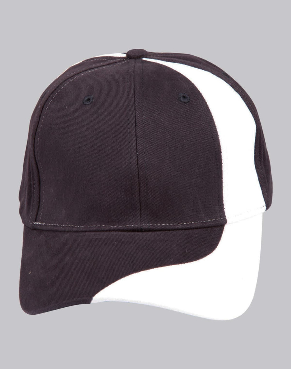 A black and white baseball cap featuring a curved design and a logo on the front.