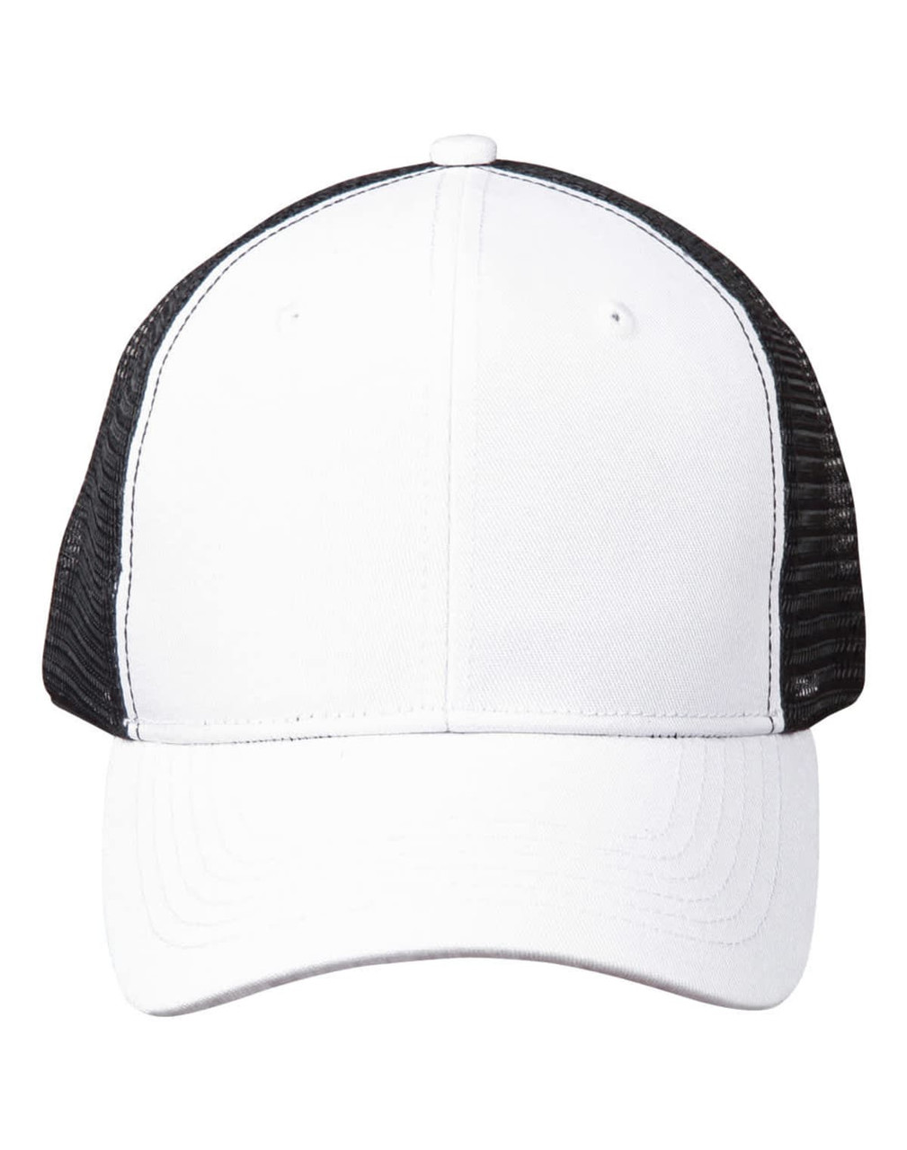 A Premium Cotton Twill Trucker Cap in white with black mesh sides and a logo on the front.