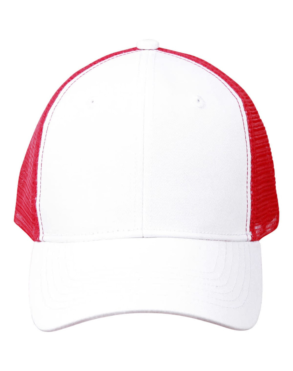 A Premium Cotton Twill Trucker Cap in white with red mesh panels and a plain design, featuring a logo.