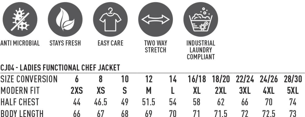 A table listing specifications for the Ladies' Functional Chef Jacket, featuring various sizes and care instructions.
