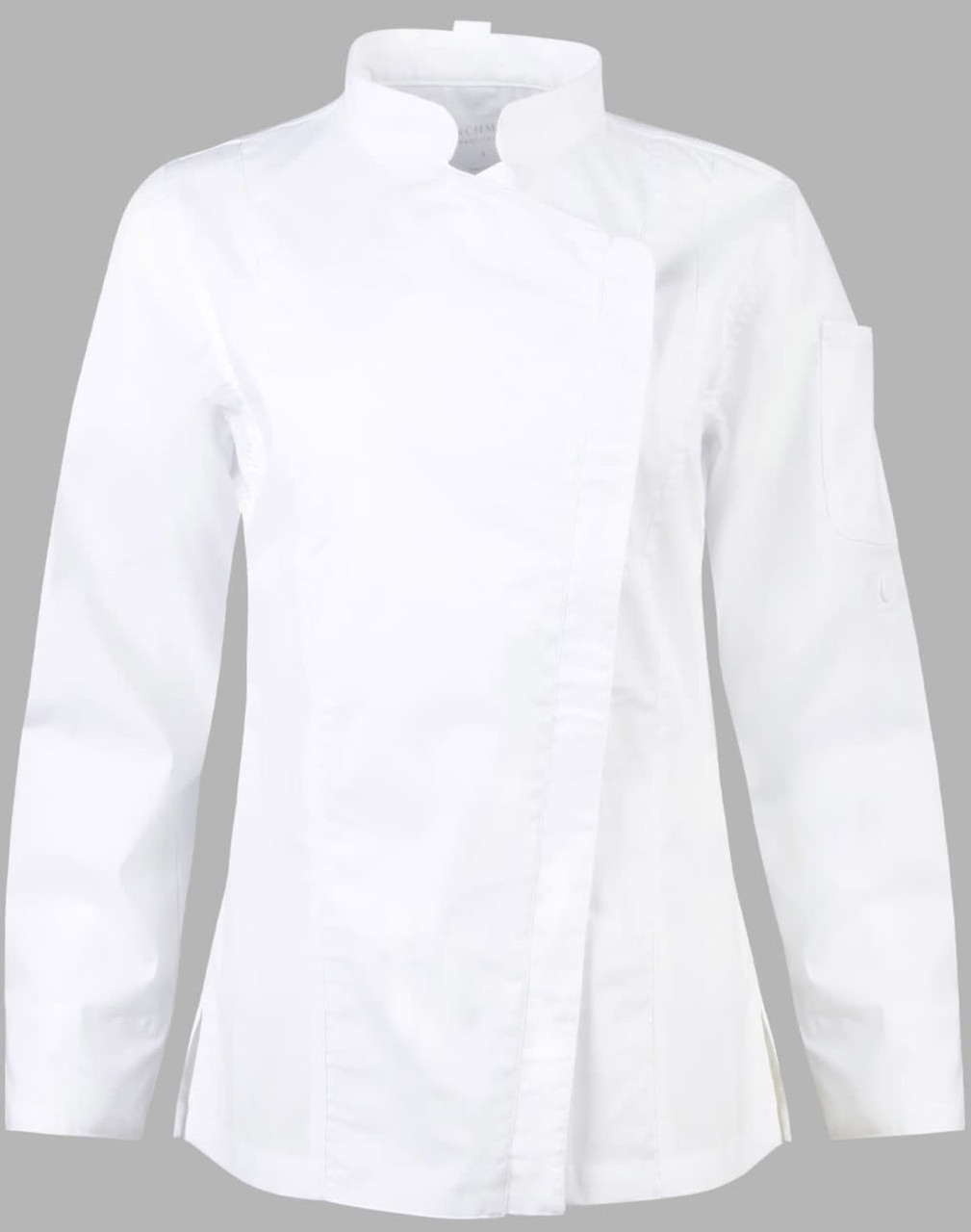 A white ladies' functional chef jacket with a mandarin collar and a sleeve pocket. Features include a stylish asymmetric design.