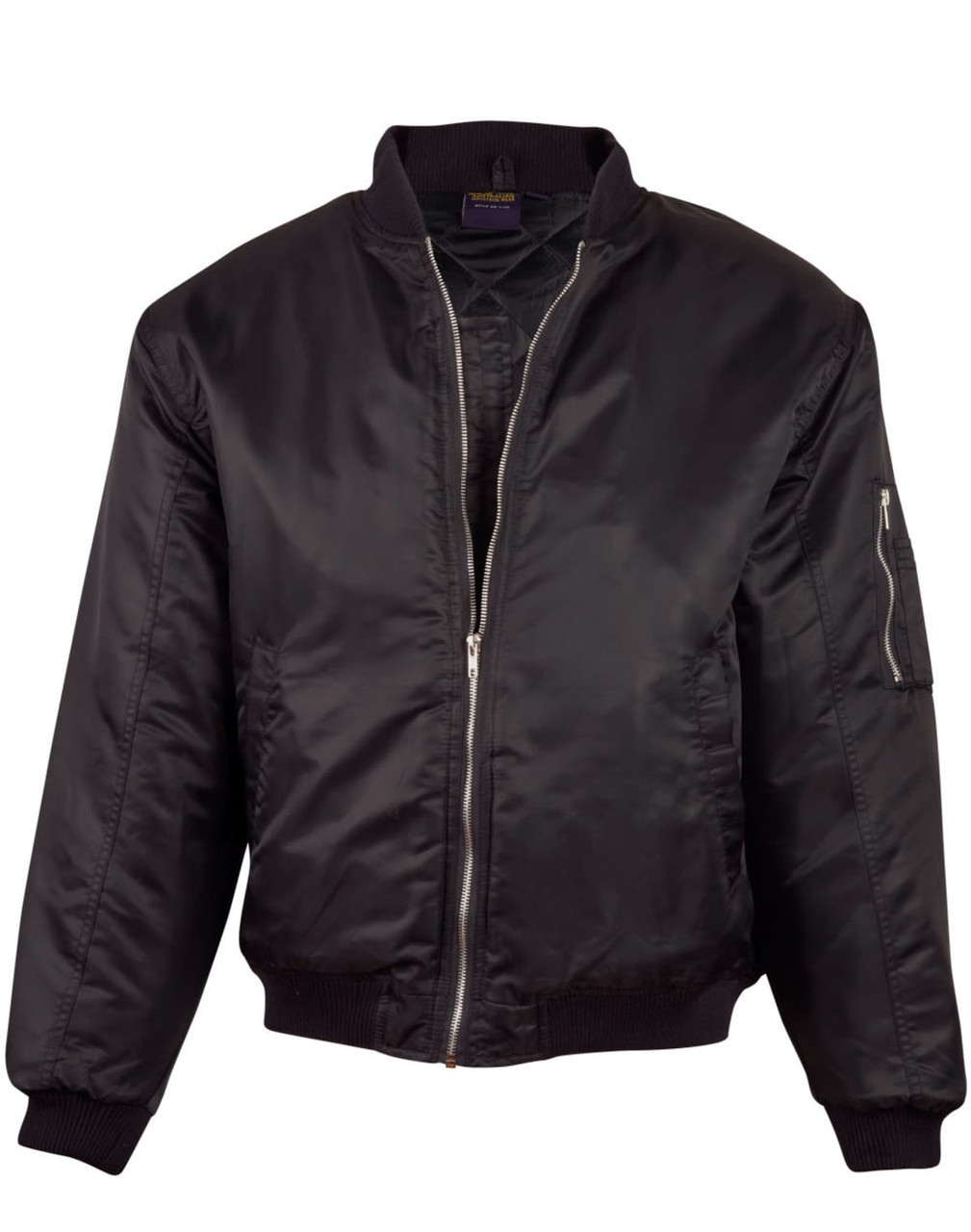 A black soft shell jacket with a zip front and ribbed cuffs, featuring a pocket on the sleeve and a logo.