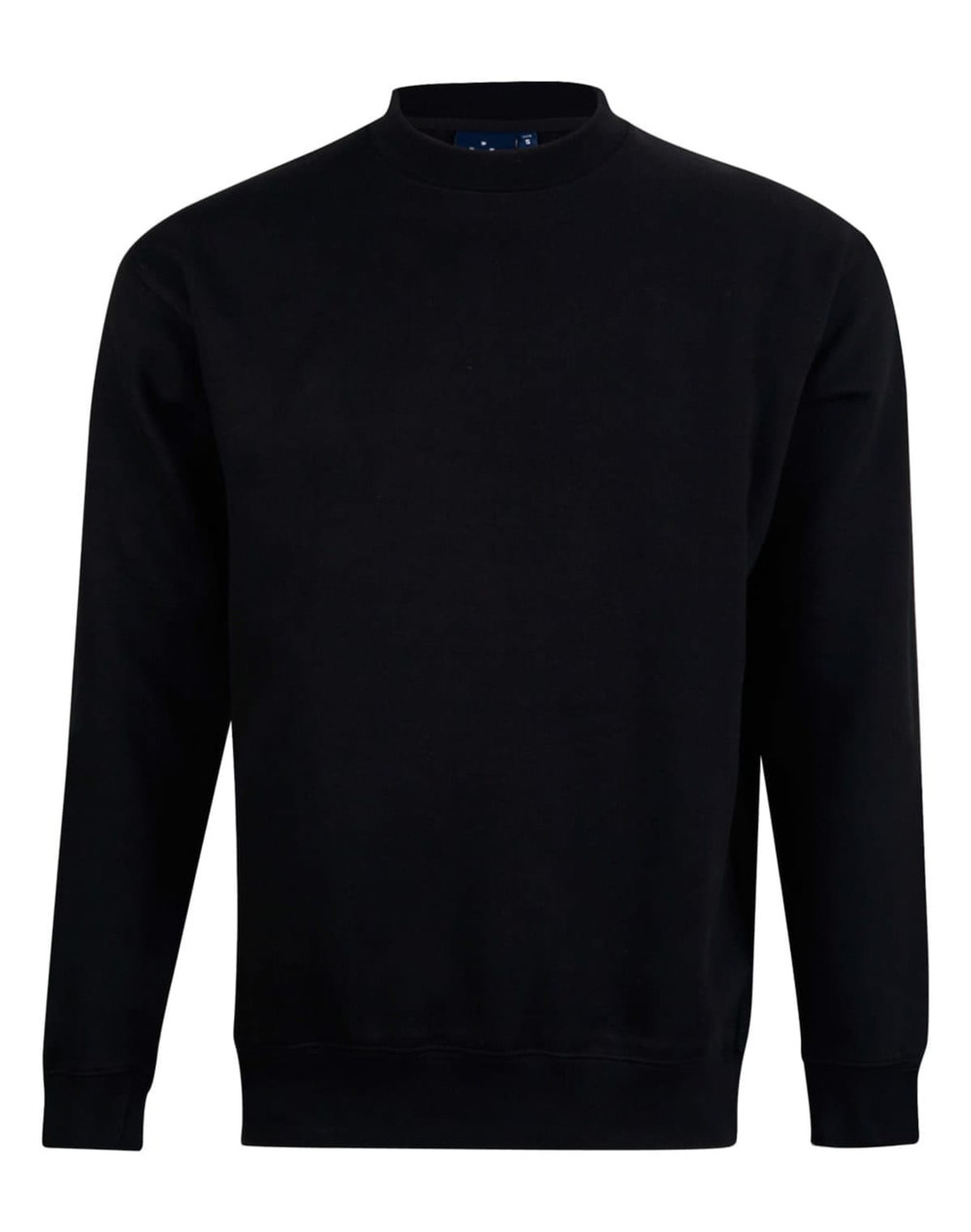 A black crewneck fleece sweatshirt featuring long sleeves and a ribbed hem. It includes a logo on the interior.
