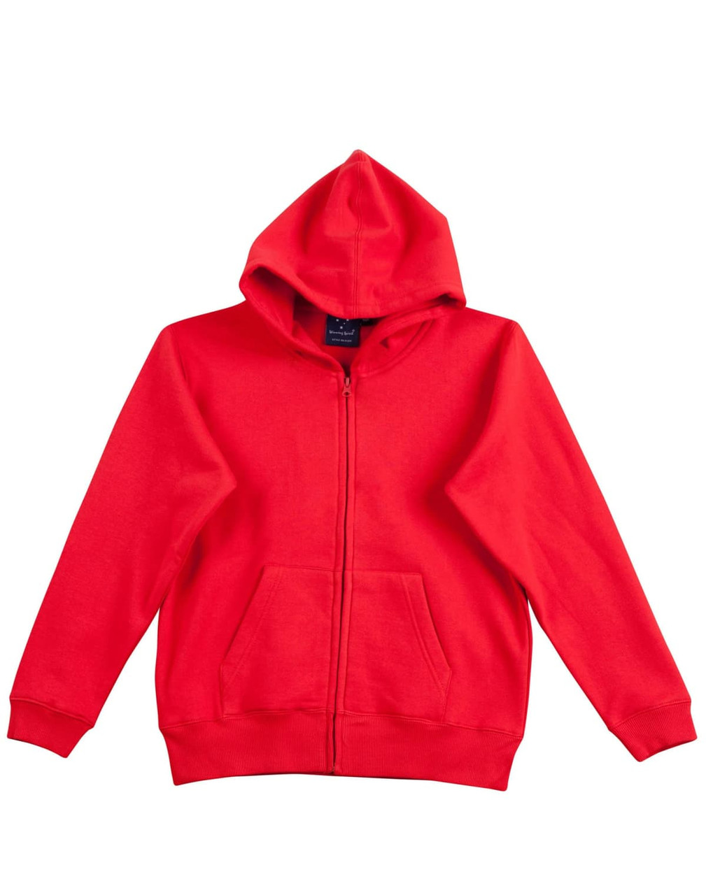 A red full-zip fleece hoodie with a hood and front pockets, featuring a logo.