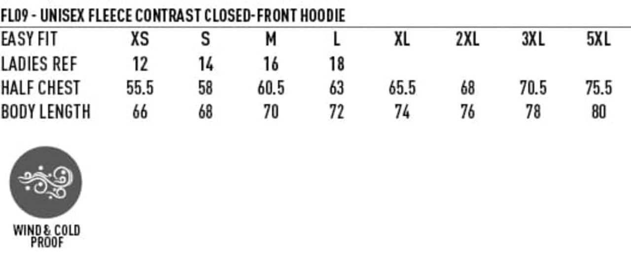A fleece hoodie with a closed front, featuring a contrast design. Available in multiple sizes, showcasing warmth and comfort.