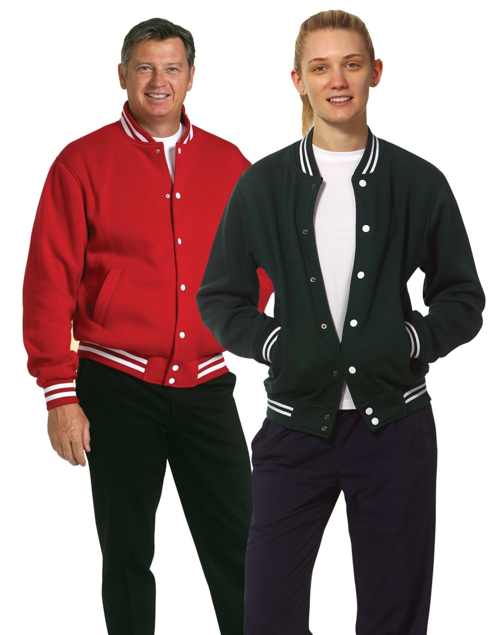 A red fleece varsity jacket worn by a man and a green fleece varsity jacket worn by a young person, both with stripes.