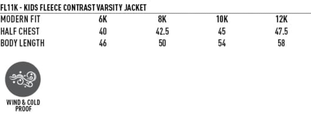 A Kid's Fleece Varsity Jacket featuring a modern fit, available in multiple sizes and colours. Includes a logo.