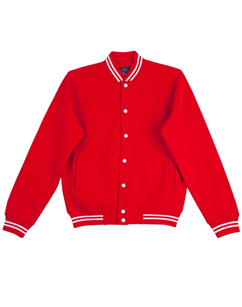 A bright red fleece varsity jacket with white striped cuffs and collar, featuring a logo.