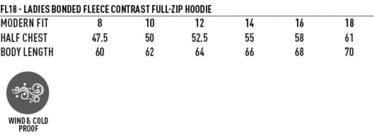 A ladies' full zip contrast fleece hoodie in various sizes, featuring a modern fit, with a wind and cold proof design.