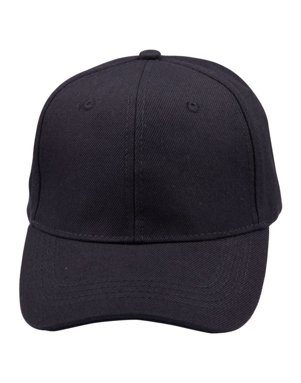 A black wool blend cap with a curved brim and a logo on the front.