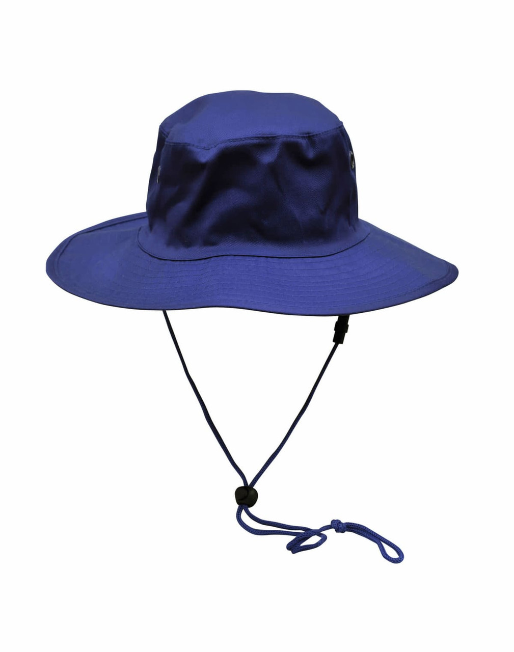 A blue brimmed hat with a clip-on chin strap and a logo.